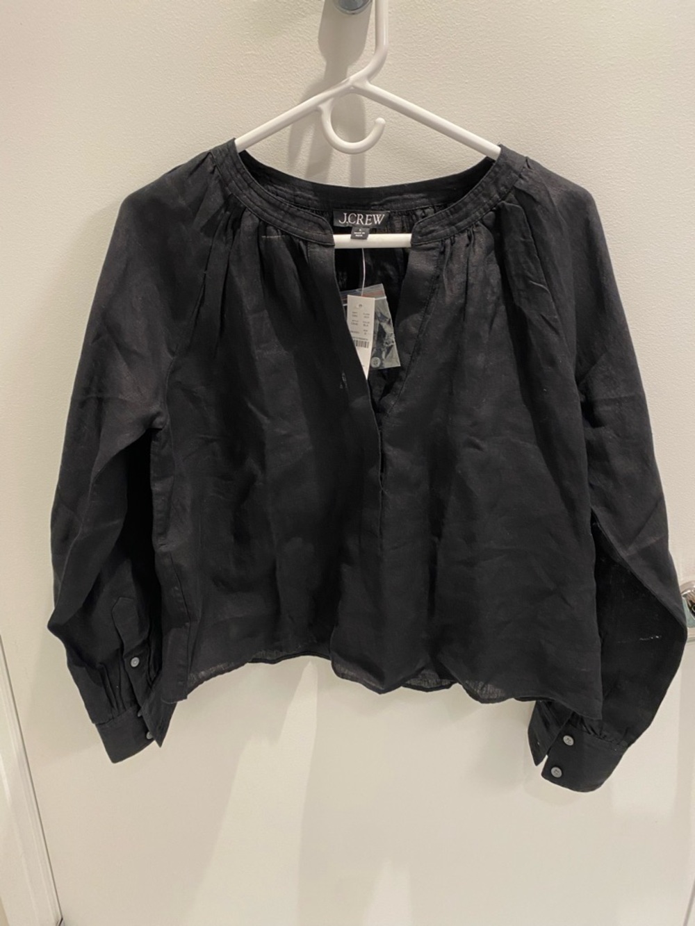 J.Crew black linen popover top, size S, NWT, never worn.